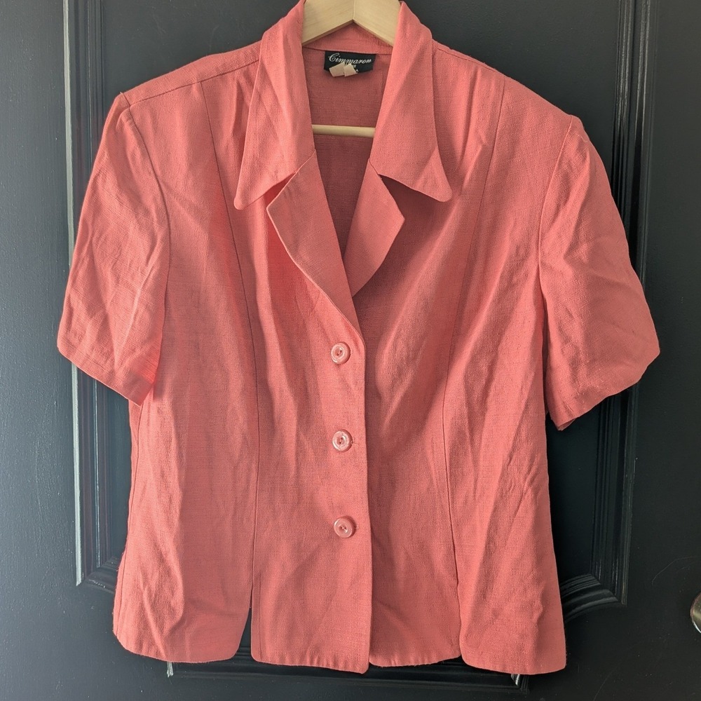 Vtg Salmon Pink Short Sleeve Blazer‎ Jacket Made in USA Womens 16 Coral Office